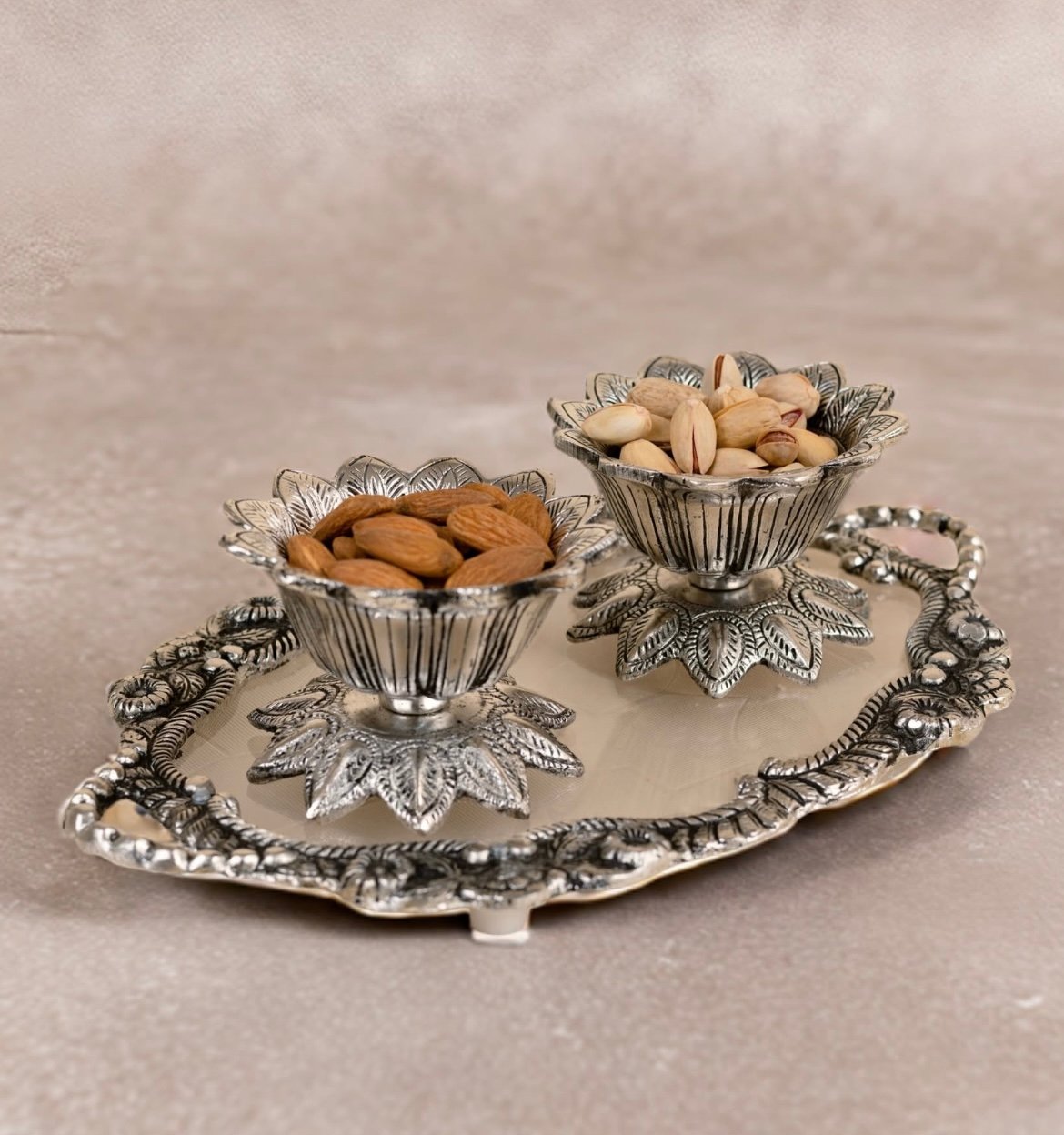 Lotus bowl with tray in German silver 